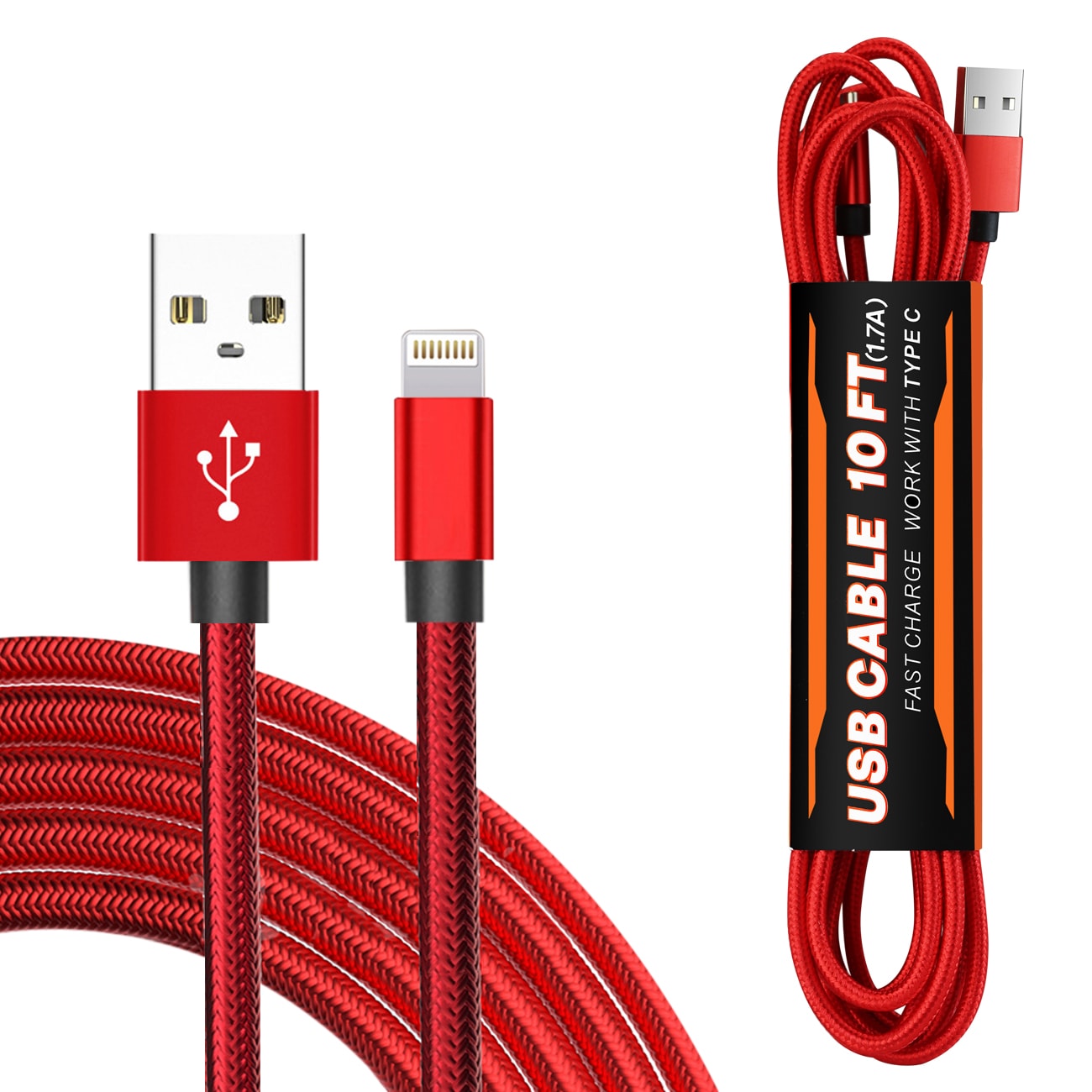 10FT USB Cable For IOS In Red -SKU:DC35-8P10FTRD